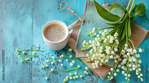 Coffee, Lily of the Valley, and Good Morning Notes on a Rustic Turquoise Table, Generative ai