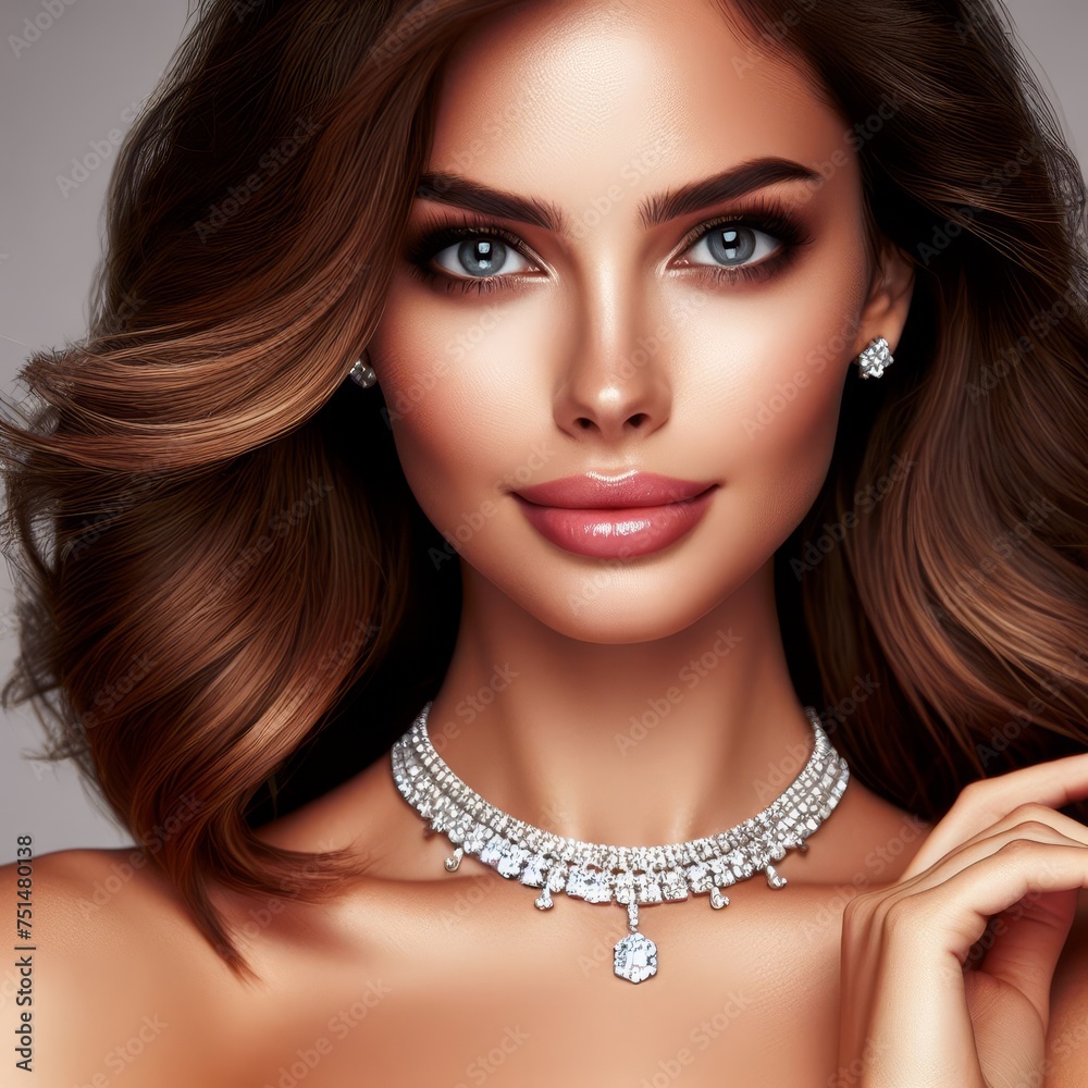 Portrait of a beautiful woman with brunette hair wearing a necklace with diamonds.