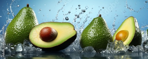 Many fresh ripe avocados with detailed water drops on colorful background  food banner. Generative Ai.