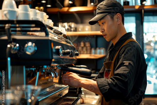 male barista preparing delicious fresh coffee on a coffee machine in a coffee shop