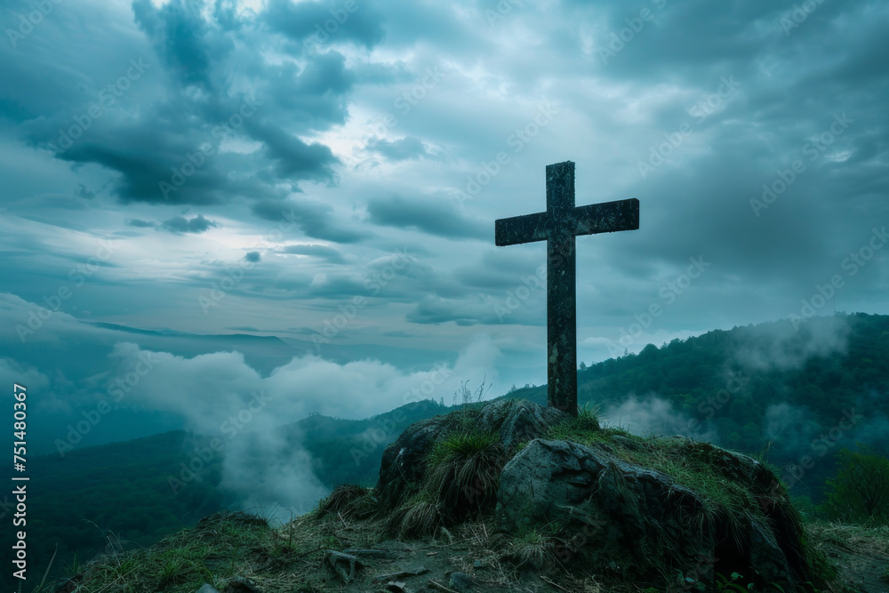 View of religious cross on top of mountain with sky and clouds. Generative Ai