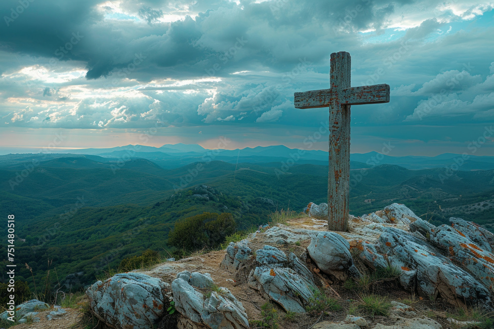 View of religious cross on top of mountain with sky and clouds. Generative Ai View of religious cross on top of mountain with sky and clouds. Generative Ai