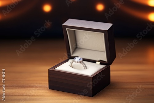 Wedding ring in a wooden box on a wooden table. Wedding content with Copy Space.