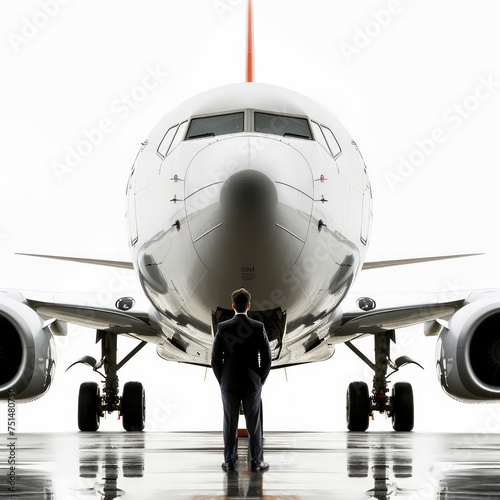 Ramp agent at the airport giving instruction to airplane, isolated on white