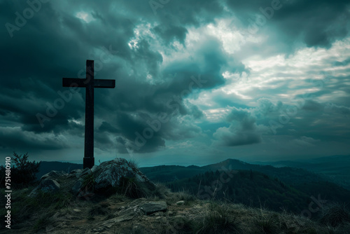 View of religious cross on top of mountain with sky and clouds. Generative Ai