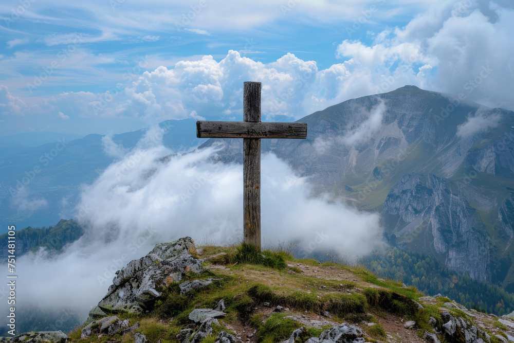View of religious cross on top of mountain with sky and clouds. Generative Ai View of religious cross on top of mountain with sky and clouds. Generative Ai