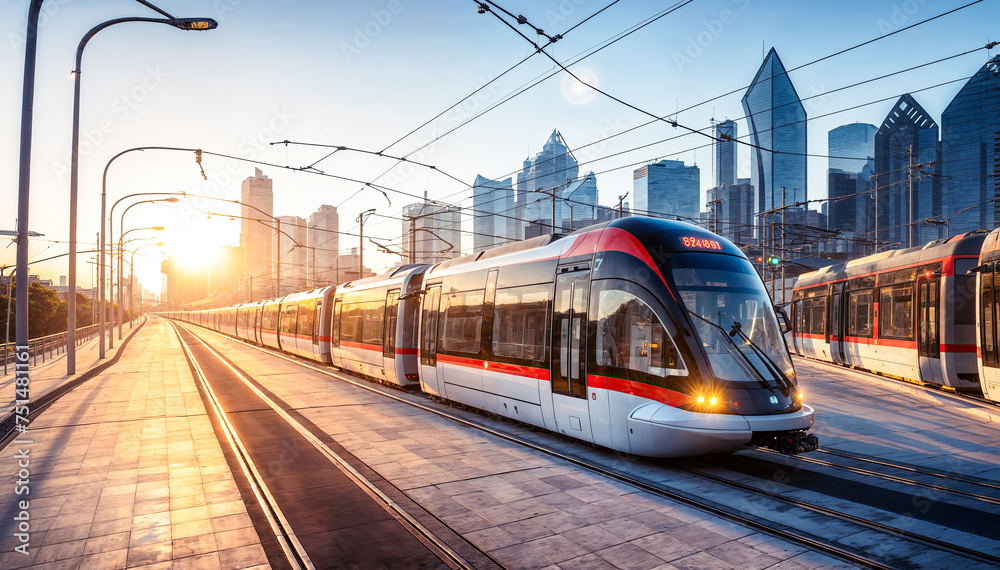 Modern tram in the city at sunset The sun shines through the glass windows of the tram.