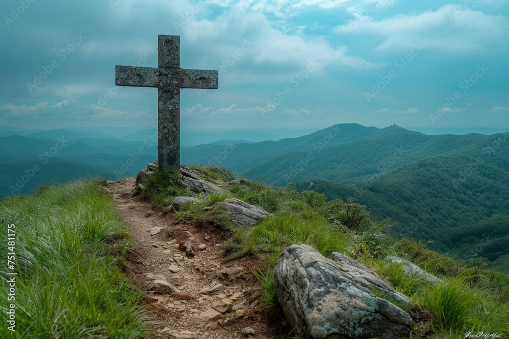 View of religious cross on top of mountain with sky and clouds. Generative Ai