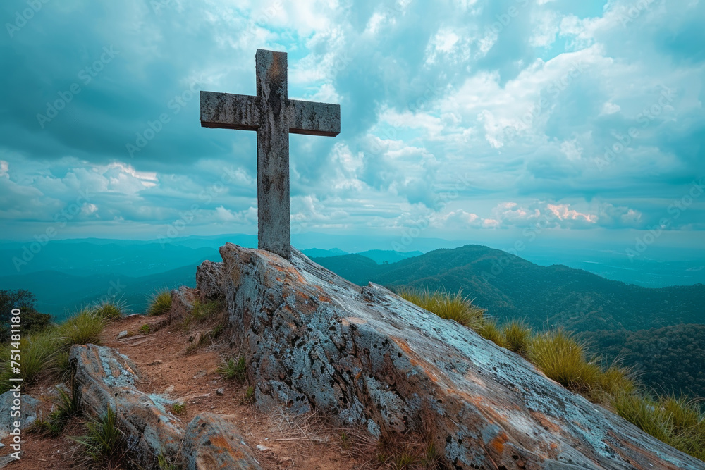 View of religious cross on top of mountain with sky and clouds. Generative Ai View of religious cross on top of mountain with sky and clouds. Generative Ai