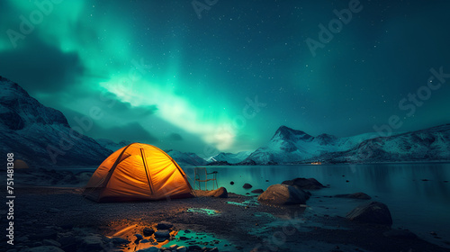 A Glowing Yellow Camping Tent Under a Beautiful Green Canopy, Generative Ai