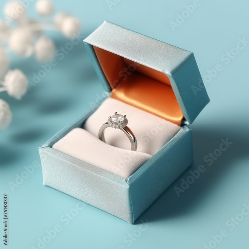 Wedding ring in a blue box on a blue background. Wedding content with Copy Space.
