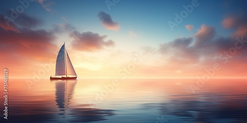 Peaceful image of a solitary sailboat on glass-like water, with soft light of sunrise creating a tranquil mood