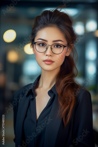 Vertical portrait of young asian business woman in the office with glasses