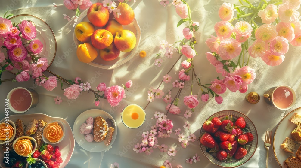 Fototapeta premium Spring breakfast table easter brunch cute pinkvase flowers