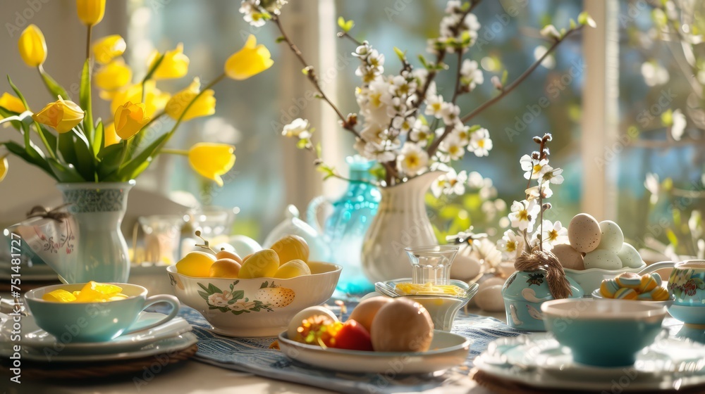 Spring breakfast table easter brunch cute yellow vase flowers Spring breakfast table easter brunch cute yellow vase flowers
