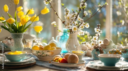 Spring breakfast table easter brunch cute yellow vase flowers