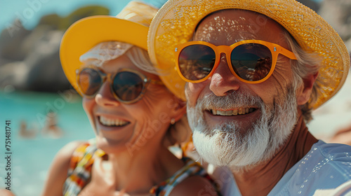 Close-up and portrait of two happy and active Elderly people having fun and enjoying themselves on the beach, elderly people outdoors enjoying a vacation together