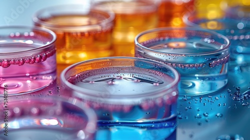 Colorful Laboratory Glassware for Cosmetic Serum Research. Top view, flat lay