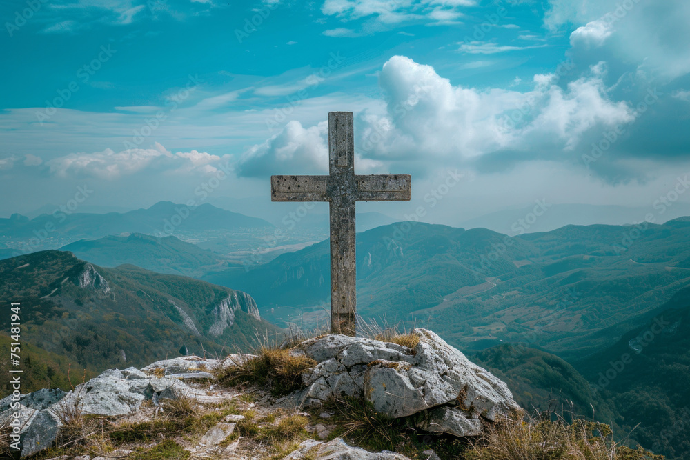 View of religious cross on top of mountain with sky and clouds. Generative Ai