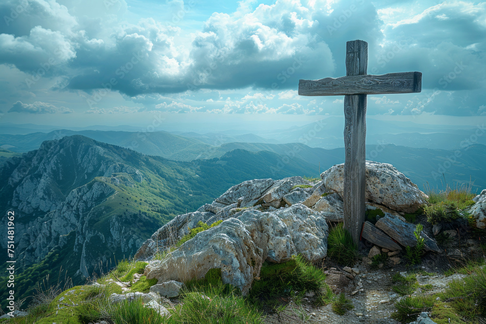 View of religious cross on top of mountain with sky and clouds. Generative Ai View of religious cross on top of mountain with sky and clouds. Generative Ai