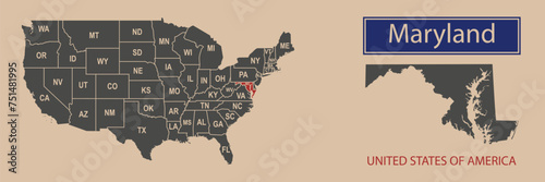 Vector map borders of the USA Maryland state. State of Maryland on the map of the United States of America.
