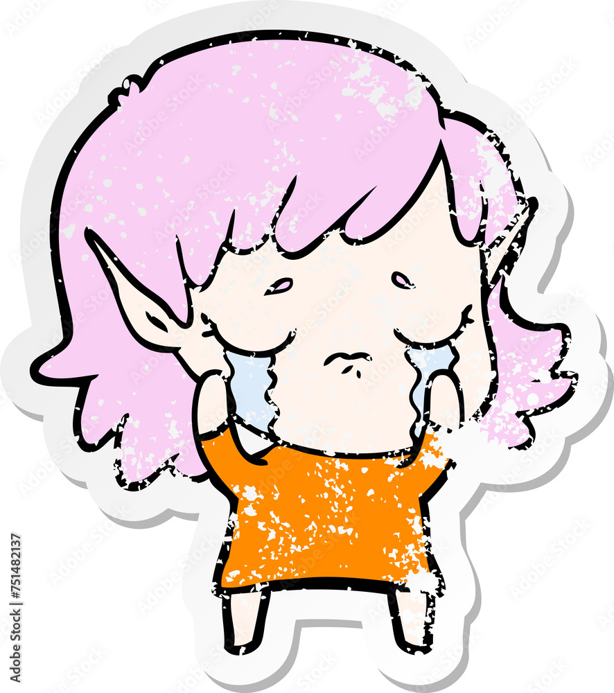 distressed sticker of a cartoon crying elf girl distressed sticker of a cartoon crying elf girl