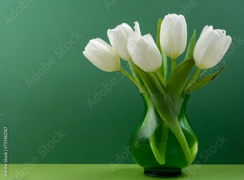 White flowers in vase isolated on green background with copy space for text.