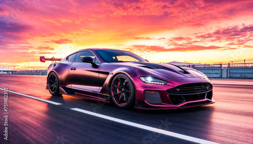 A sleek purple sports car drives down a coastal road at sunset.