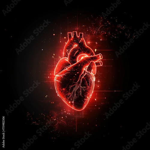 A glowing, fiery depiction of a human heart against a dark background