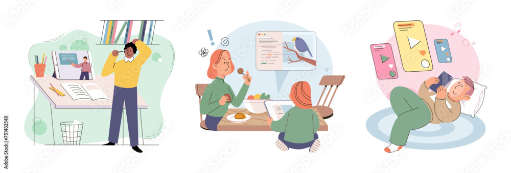 Kids with phone. Vector illustration. The concept kids with phones illustrates intersection technology and childhood Toddlers are becoming proficient at using mobile phones from early age
