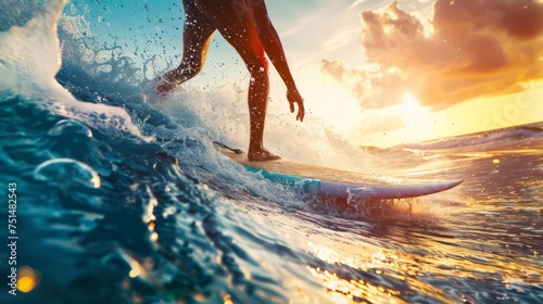 Surfer practicing surfing on wavy sea with splashing water