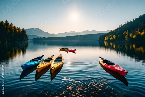 A row of colorful kayaks floating on a calm lake, ready for a day of adventure and exploration. photo