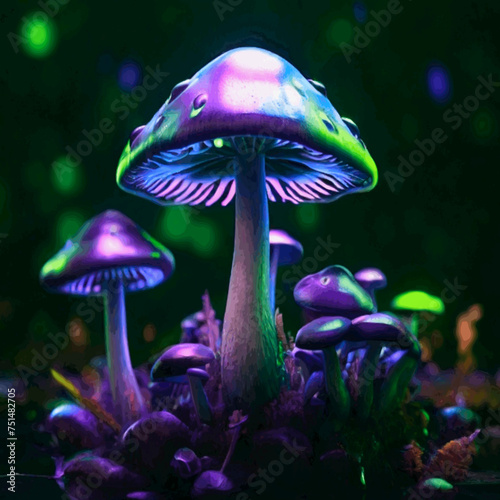 Hallucinogenic Sorcery Mushrooms. Sparkling Brilliant Neon Lights at the Woods