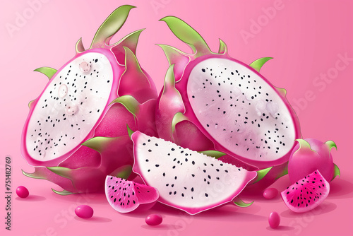 Red dragon fruit, whole and half fruit. Tropical fruits for a healthy lifestyle. Generative Ai