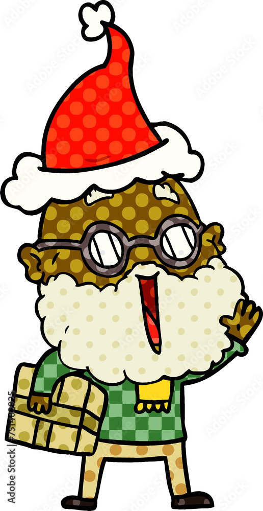comic book style illustration of a joyful man with beard and parcel under arm wearing santa hat comic book style illustration of a joyful man with beard and parcel under arm wearing santa hat