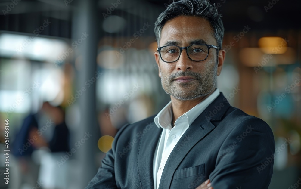 Fototapeta premium Confident Asian Indian CEO in a suit commands attention in the office as he leads his team with poise.