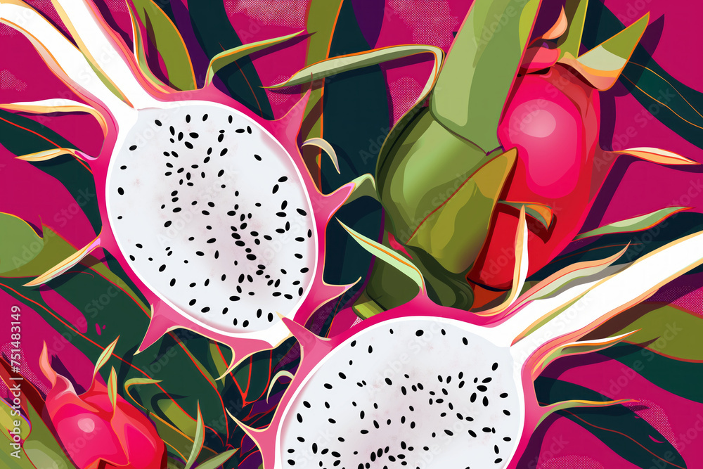 Red dragon fruit, whole and half fruit. Tropical fruits for a healthy lifestyle. Generative Ai Red dragon fruit, whole and half fruit. Tropical fruits for a healthy lifestyle. Generative Ai