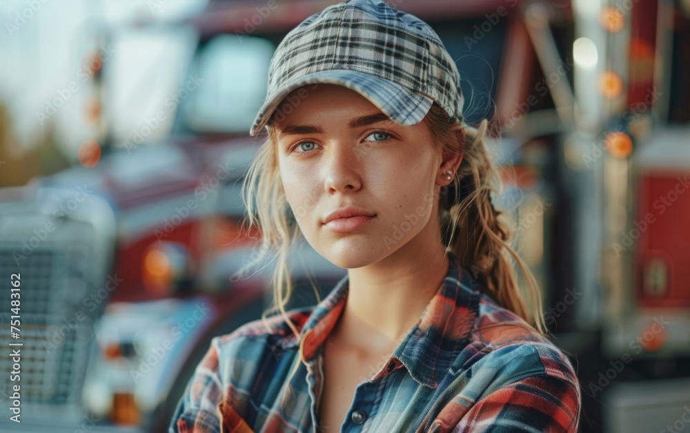 A young woman confidently poses in front of a fleet of trucks, breaking stereotypes as a female truck driver. A young woman confidently poses in front of a fleet of trucks, breaking stereotypes as a female truck driver.