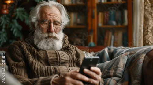 Elderly gentleman with a white beard focused on texting on his smartphone while sitting comfortably at home.