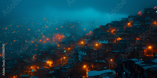  A many houses window and lights on hill mountain and foggy night view winter background 
