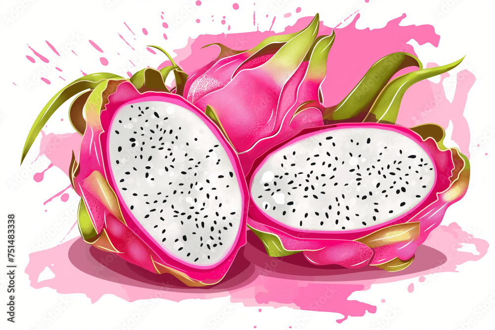 Red dragon fruit, whole and half fruit. Tropical fruits for a healthy lifestyle. Generative Ai Red dragon fruit, whole and half fruit. Tropical fruits for a healthy lifestyle. Generative Ai