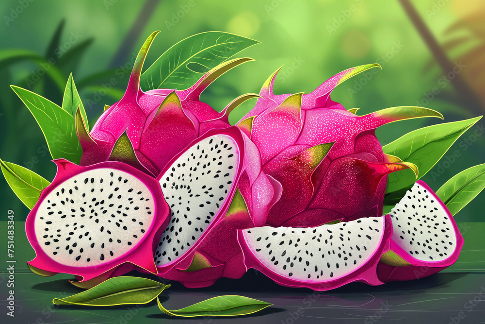 Red dragon fruit, whole and half fruit. Tropical fruits for a healthy lifestyle. Generative Ai Red dragon fruit, whole and half fruit. Tropical fruits for a healthy lifestyle. Generative Ai