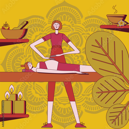 Massage for pregnant woman by professional therapist in spa. Design concept. Isolated flat vector illustration.