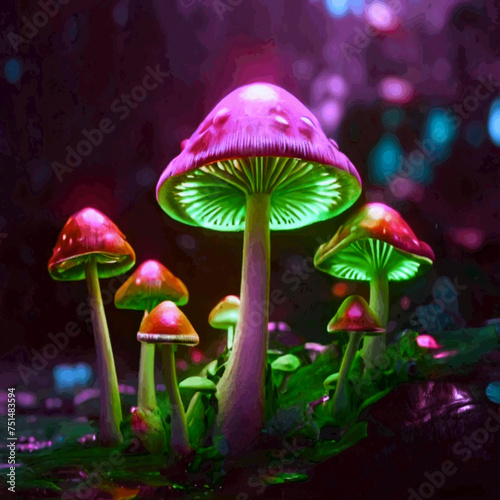 Hallucinogenic Sorcery Mushrooms. Sparkling Brilliant Neon Lights at the Woods