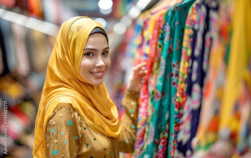Asian Muslim woman enjoys shopping spree, finding perfect outfits in clothing store.