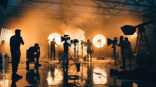Silhouette images of video production behind the scenes. making of TV commercial movie that film crew team lightman and cameraman working together with film director in studio. film production concept