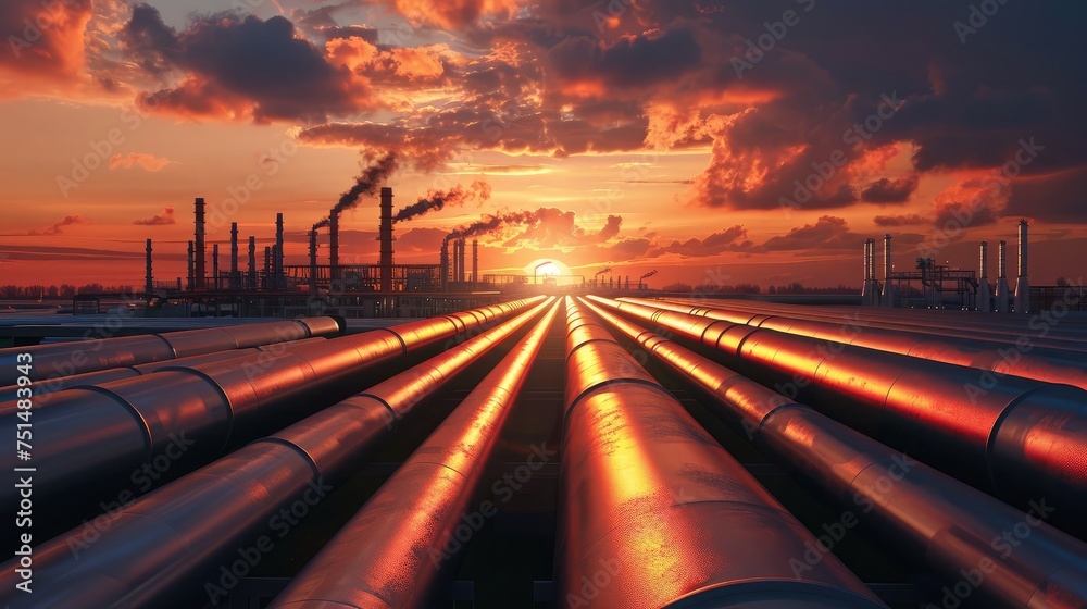 Obraz premium steel long pipes in crude oil factory during sunset