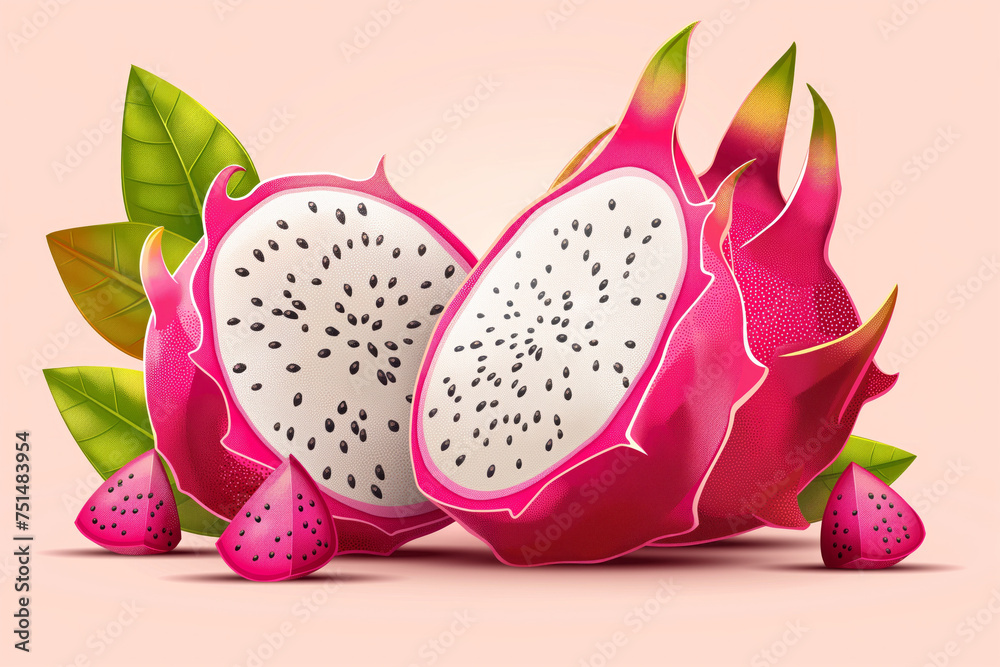 Red dragon fruit, whole and half fruit. Tropical fruits for a healthy lifestyle. Generative Ai Red dragon fruit, whole and half fruit. Tropical fruits for a healthy lifestyle. Generative Ai