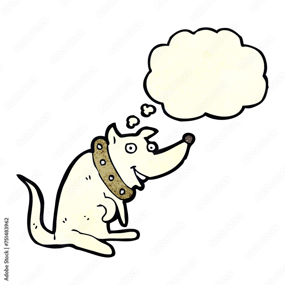 cartoon happy dog in big collar with thought bubble