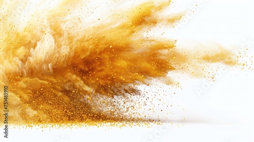 Small Fine size Sand flying explosion, Golden grain wave explode. Abstract cloud fly. Yellow colored sand splash throwing in Air. White background Isolated high speed shutter, throwing freeze stop